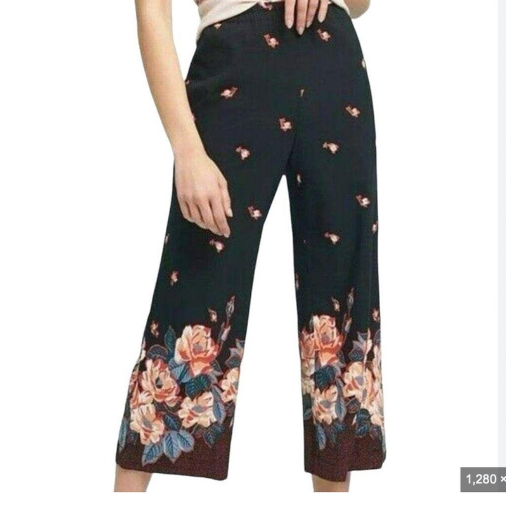 Et twa Blake Floral Printed Pants Womens XLarge Black Wide Leg Ankle Crop New